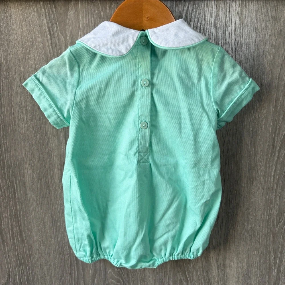 The Smocking Place Bubble Romper Boy 6M Mint Green Preppy Peter Pan Collar Pique